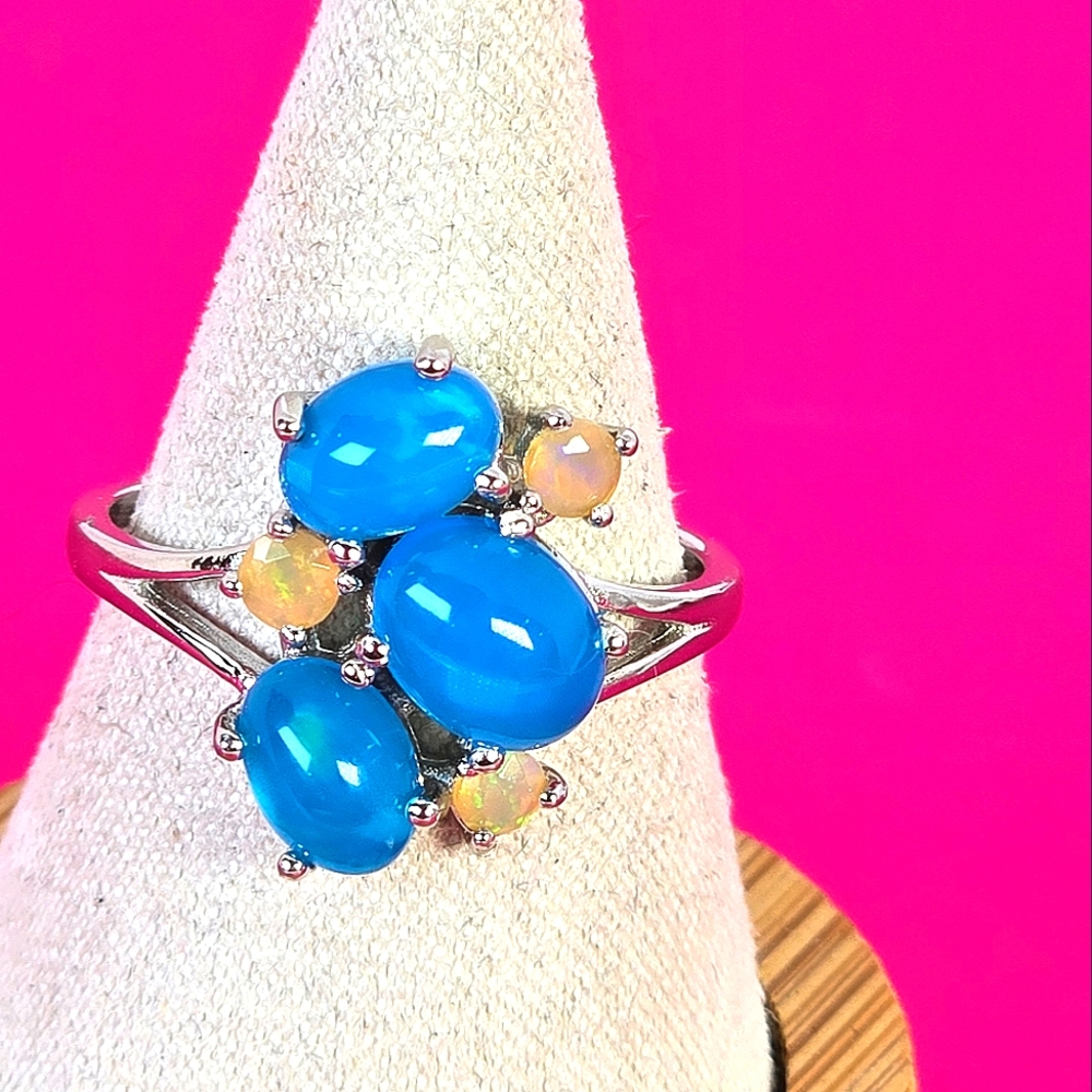 925 Sterling Silver Ring with Natural Oval Blue Opal 8x6mm & Fire Opal Gemstones - Picture 5 of 14